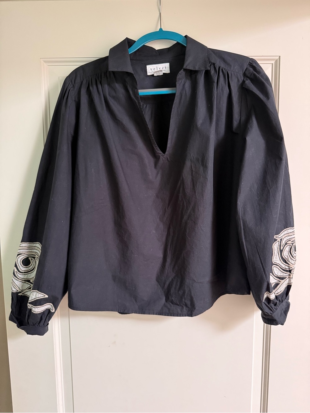 Velvet by Graham & Spencer Black Blouse with White Embroidered Sleeves